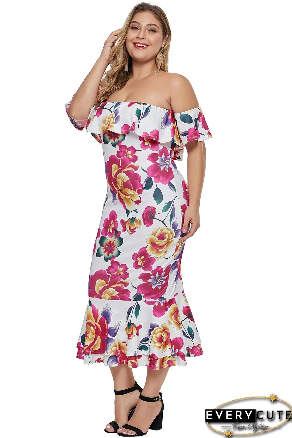 White Off-the-shoulder Floral Mermaid Plus Size Dress