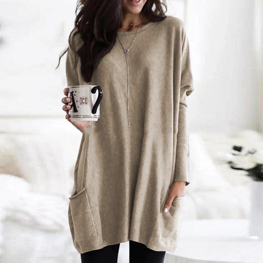 Uveng Autumn Pullover Casual Round Neck Long Sleeve Pocket T-shirt Top