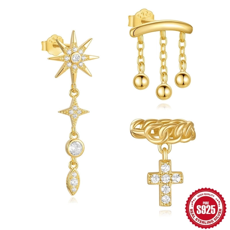 1 Piece 925 Sterling Silver Zircon Cross Star Solid Color Drop Earrings Ear Cuffs