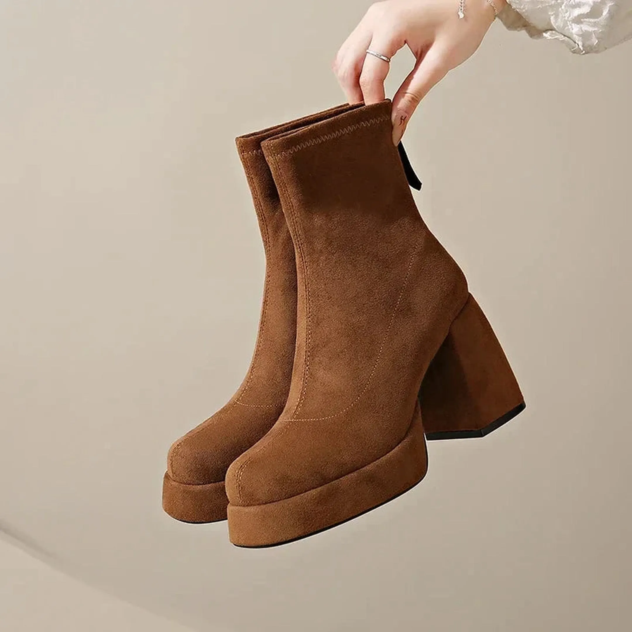 "Women's Suede Heeled Ankle Booties &ndash; Block Heel, Back Zip"