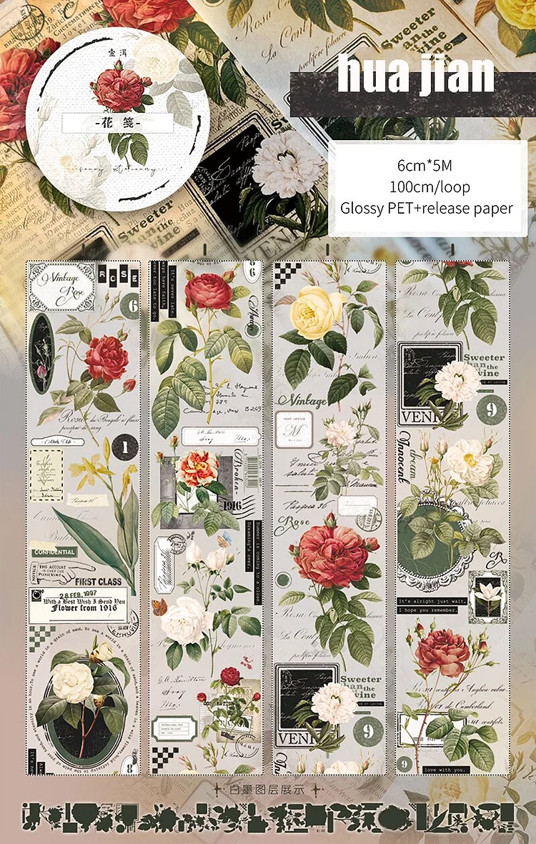 Journalsay 5m/6m Roll Flower Plant Washi Paper PET Tape DIY Journal Vintage Scrapbooking Collage Masking Tapes