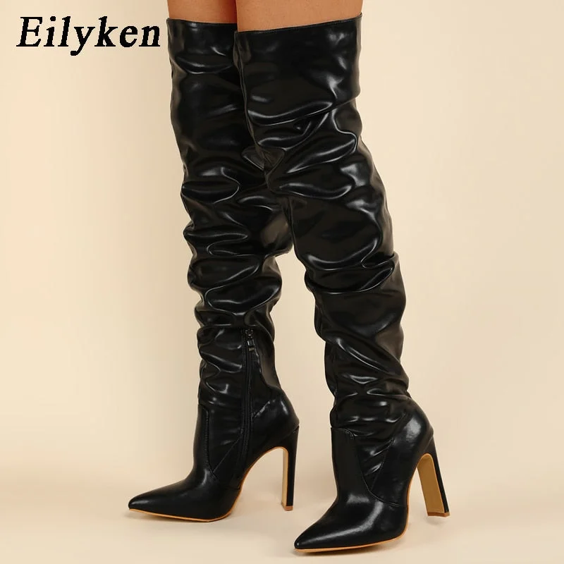 Eilyken White Pleated Thigh High Boots Fashion Pointed Toe Zip Female Stiletto Square Heels Pleated Design Women's Shoes