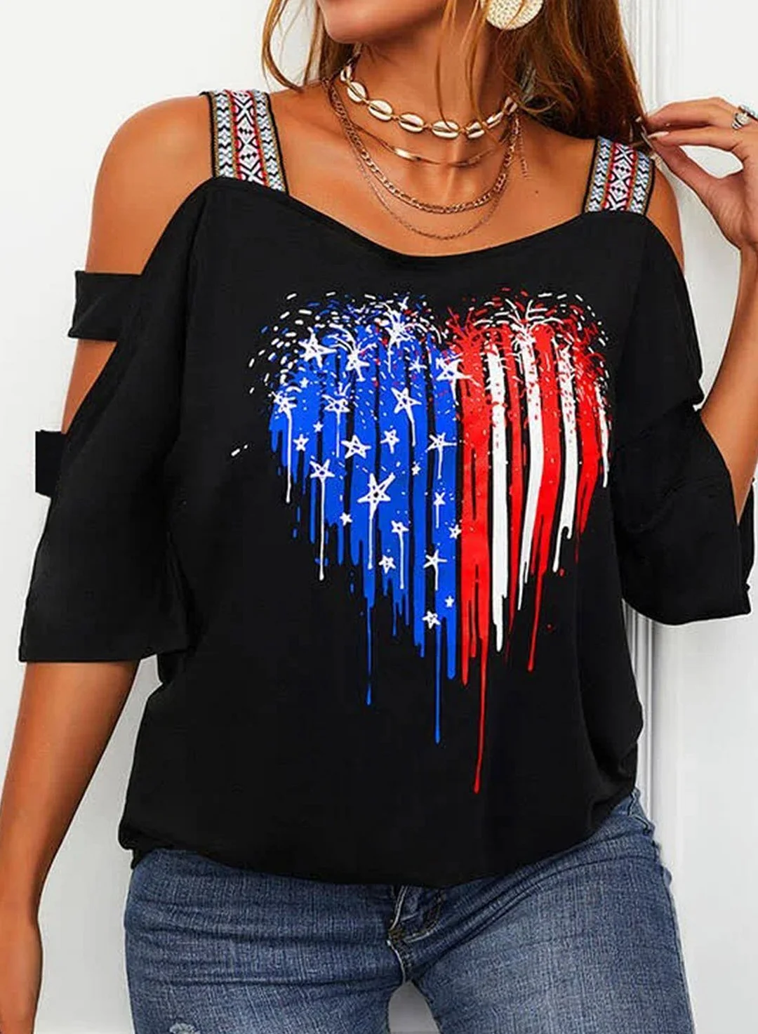 Women's American Flag T-shirts Cold Shoulder Flag Heart-shaped T-shirts 4th of July-Allyzone-Allyzone