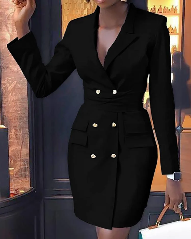 Double Breasted Long Sleeve Blazer Dress Black Dresses | EGEMISS
