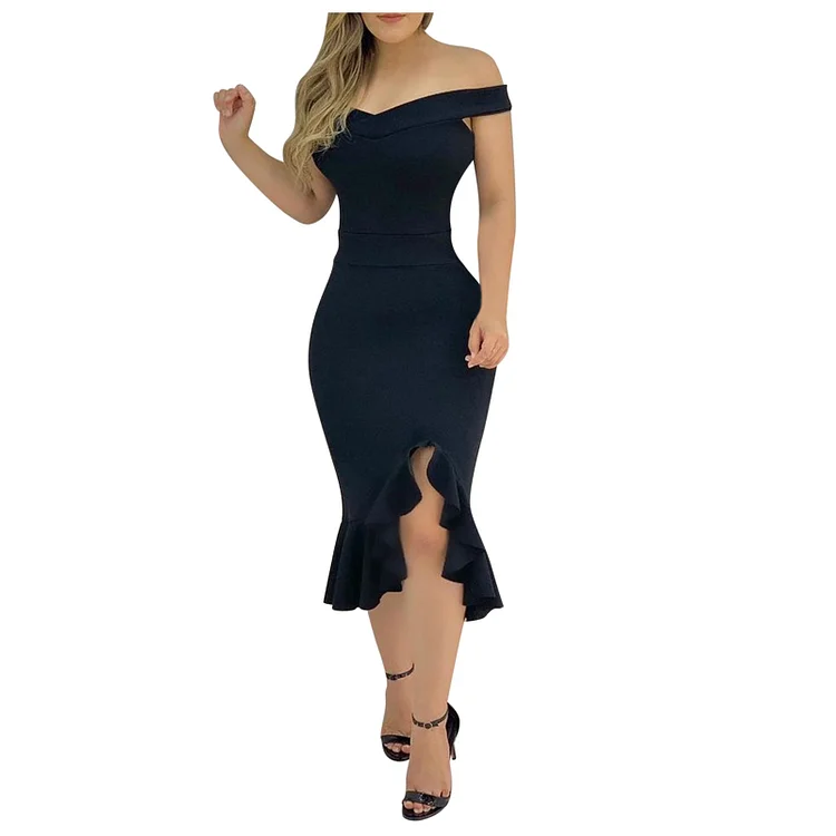 Off Shoulder Sexy Ruffle Fashion Bodycon Casual Party Midi Dress