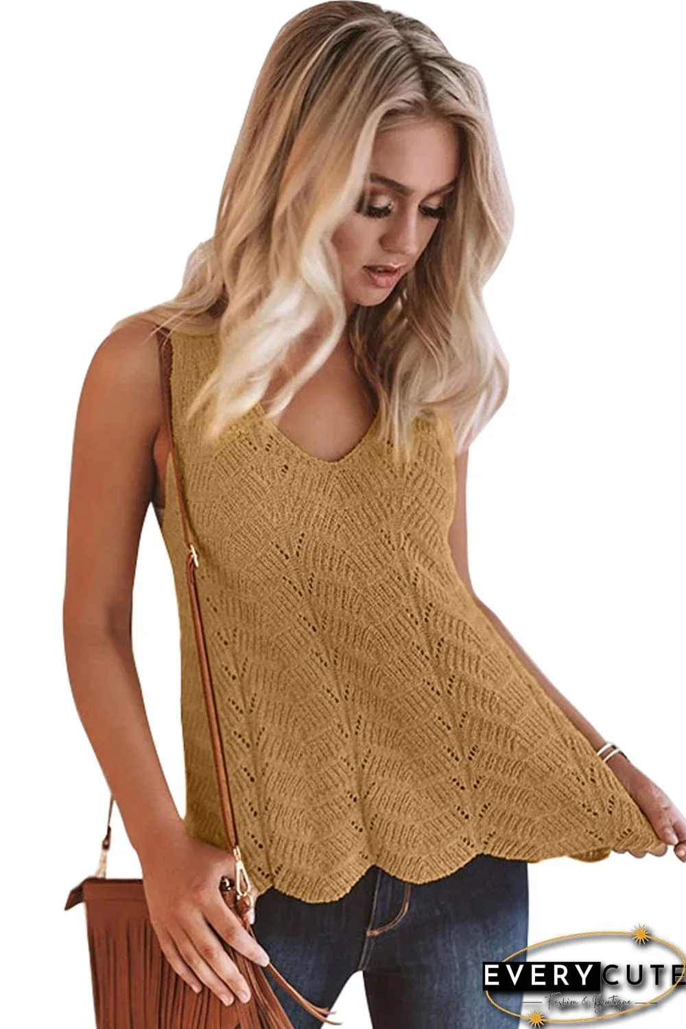 Yellow Flowy Scalloped Hemline Knit Tank Top