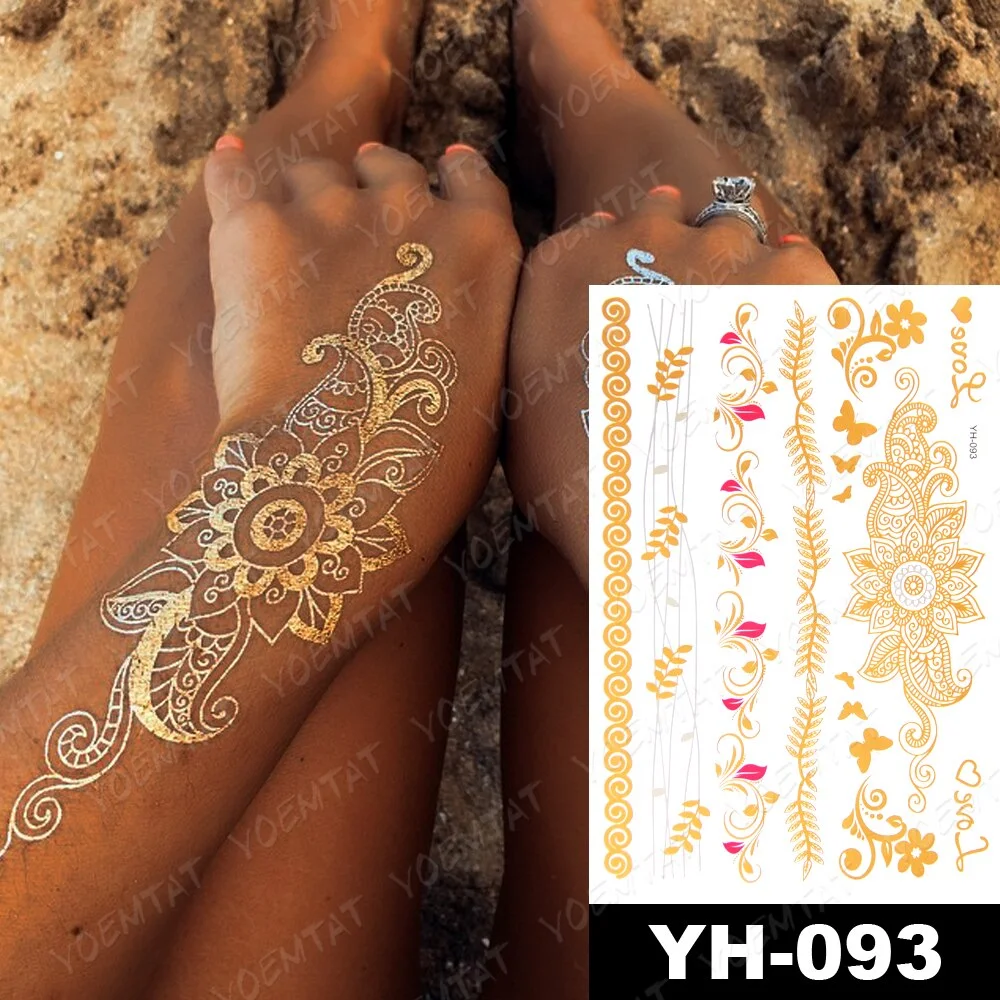 Waterproof Temporary Tattoo Sticker Metallic Gold Silver Mandala Flower Jewelry Flash Tatto Indian Henna Hand Painted Fake Tatoo