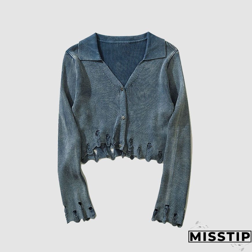 V Neck Distressed Star Button Cropped Cardigan Sweater