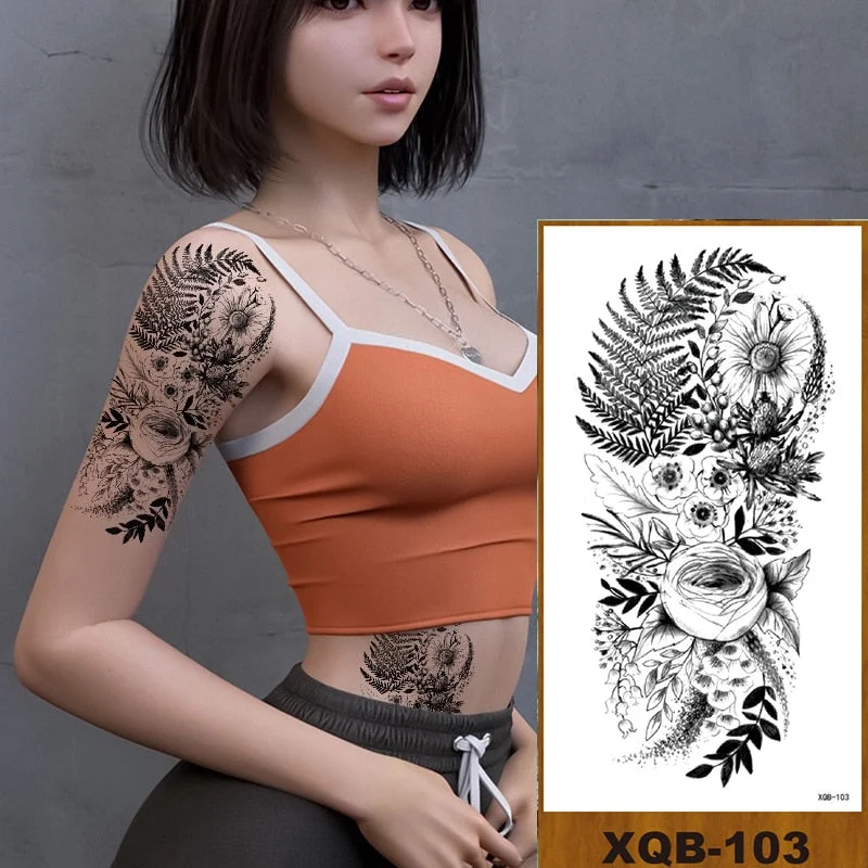 Temporary Tattoos Stickers Women Girl Chest Arm Fake Tatoo Lotus Peony Rose Magnolia Flowers Totem Face Body Makeup Waterproof