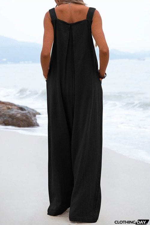 Solid Button Sling Wide-Leg Jumpsuit