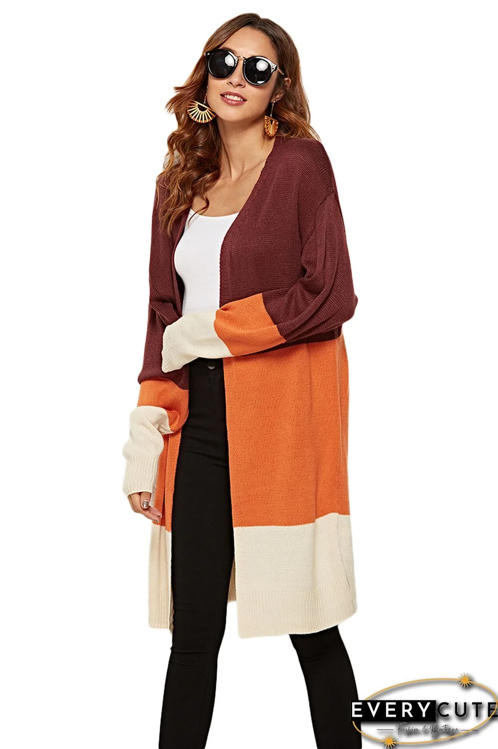 Khaki Orange Coffee Colorblock Open Front Long Cardigans