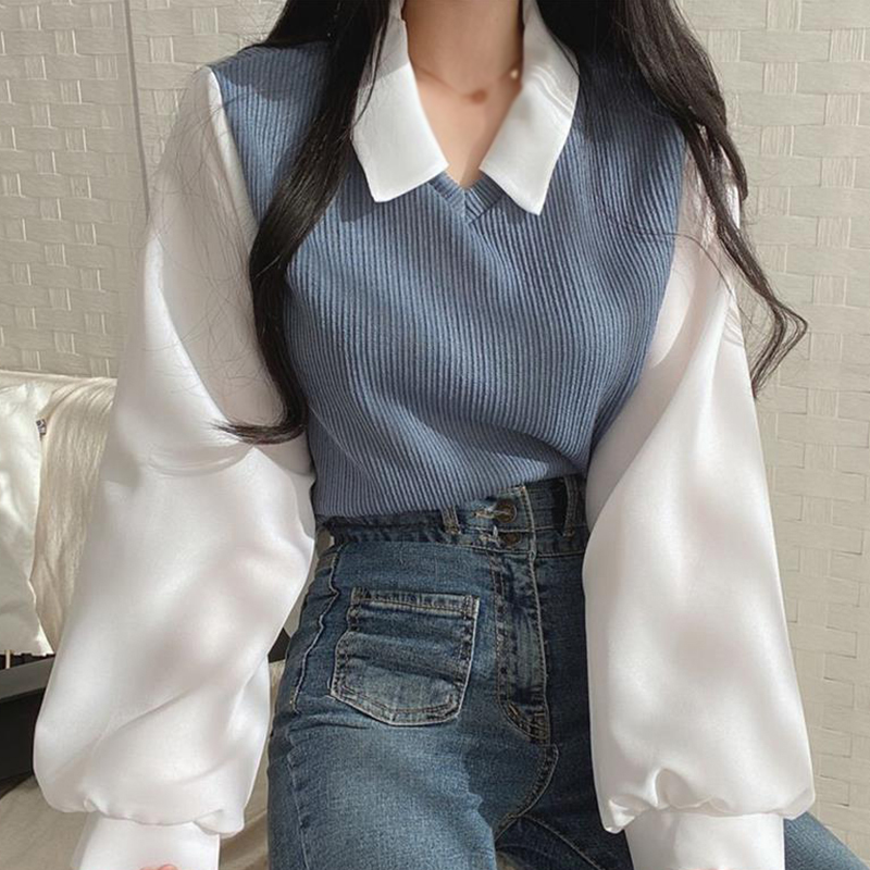 Fake Two piece T-shirt Women's Panel Long sleeved Sweater Thread Loose Versatile Top