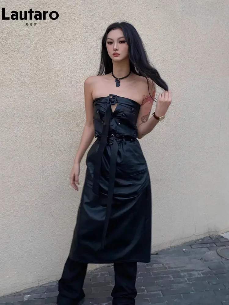 Huiketi Spring Autumn Cool Black Pu Leather Maxi Skirt Women with Back Slit Belt High Waist Long Luxury Designer Clothes 2023