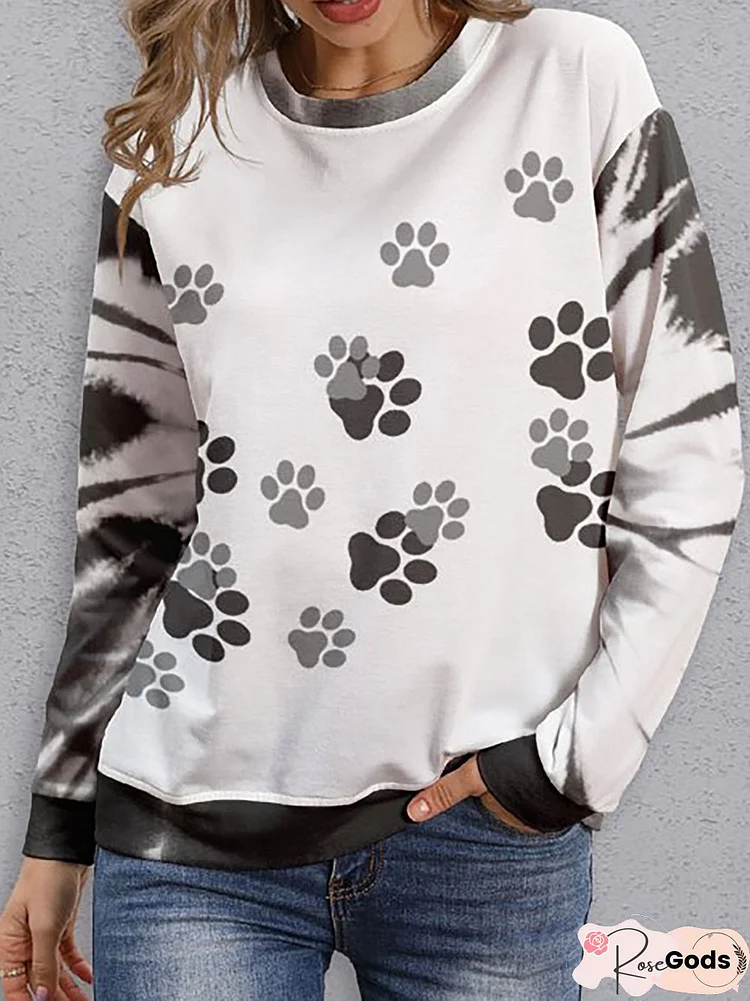 Casual Vacation Tie-Dye Paw Prints Round Neck Sweatshirt