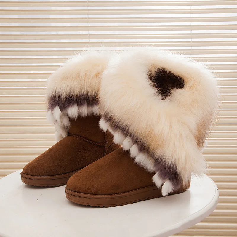 Qengg Women Fur Boots Ladies Winter Warm Ankle Boots for Women Snow Shoes Style Round-toe Slip on Female Flock Snow Boot Ladies Shoes