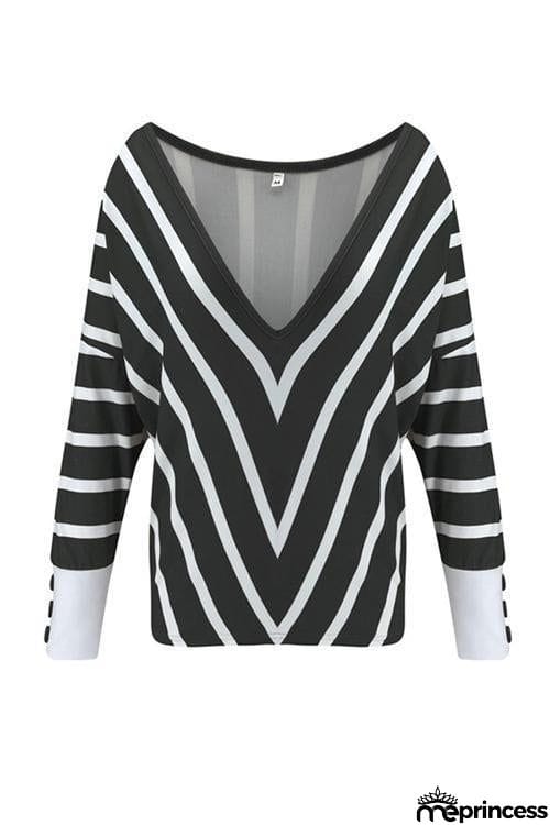 Button Stripe V Neck T Shirt