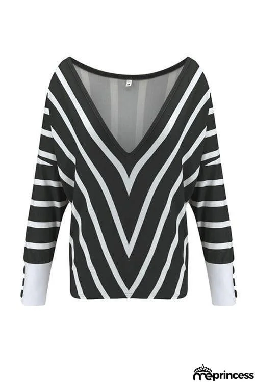 Button Stripe V Neck T Shirt