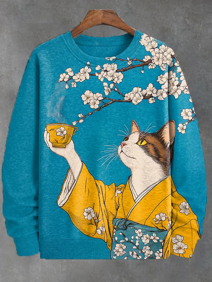Men's Kimono Cat Drinking Tea Under The Sakura Tree Japanese Art Print Casual Sweatshirt