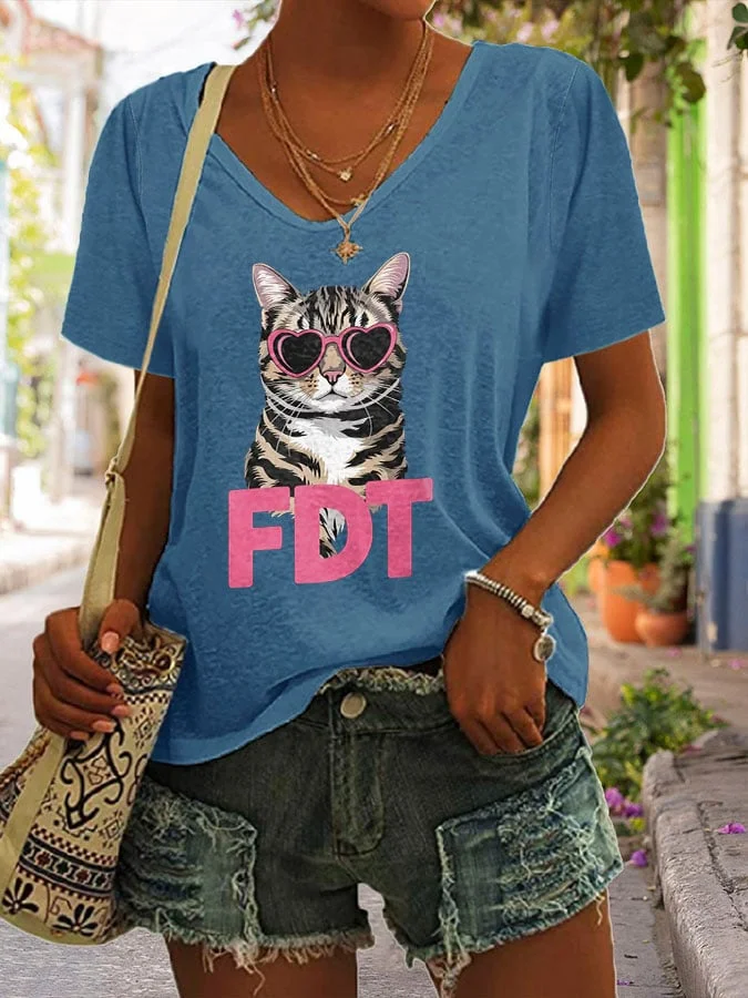 Women's Fashion Casual FDT Cat Printed T-shirt  socialshop