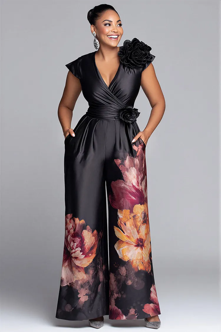 Xpluswear Design Plus Size Formal Black Floral Wrap Neck Short Sleeve 3D Pocket Satin Jumpsuits [Pre-Order] 2024 - Xpluswear