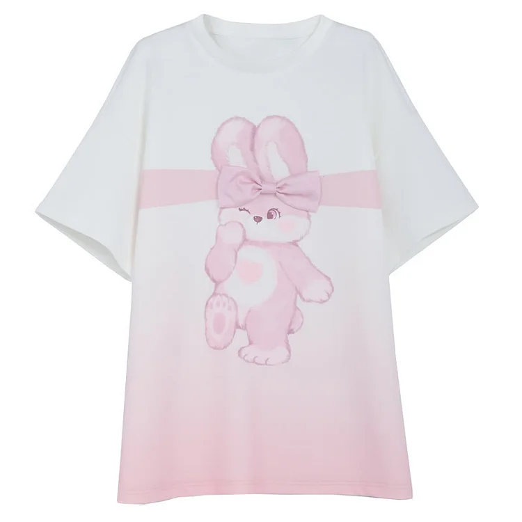 Cartoon Rabbit Print Gradient Color Matching Best Friends T-Shirt - Modakawa modakawa