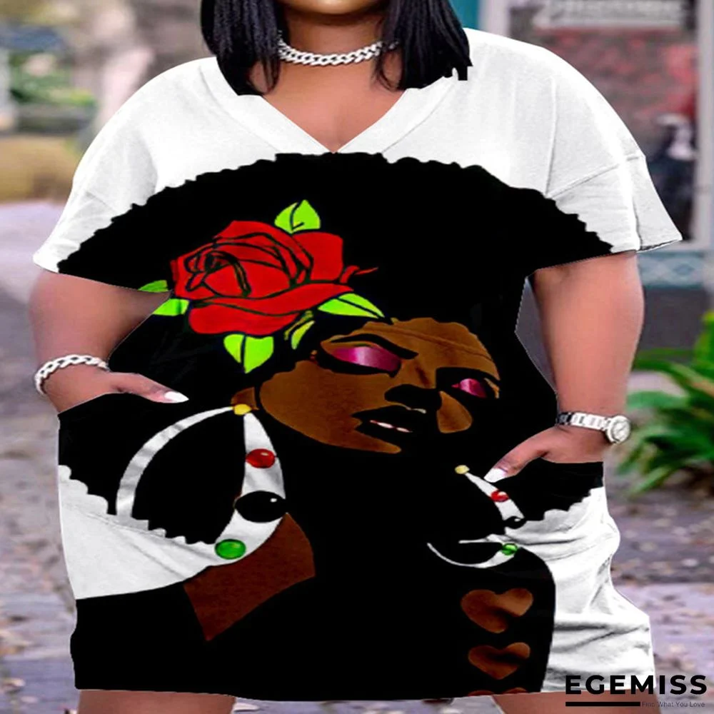 3D Printed Outdoor Fashion Casual Loose Plus Size Women's V-neck Sleeve Dress White Dresses | EGEMISS