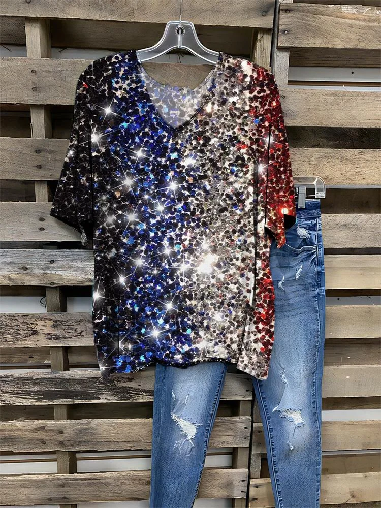 Women's Casual Multi-color Print V-neck Half-sleeve T-shirt