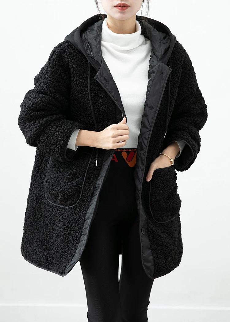 Black Patchwork Teddy Faux Fur Jacket Hooded Pockets Winter