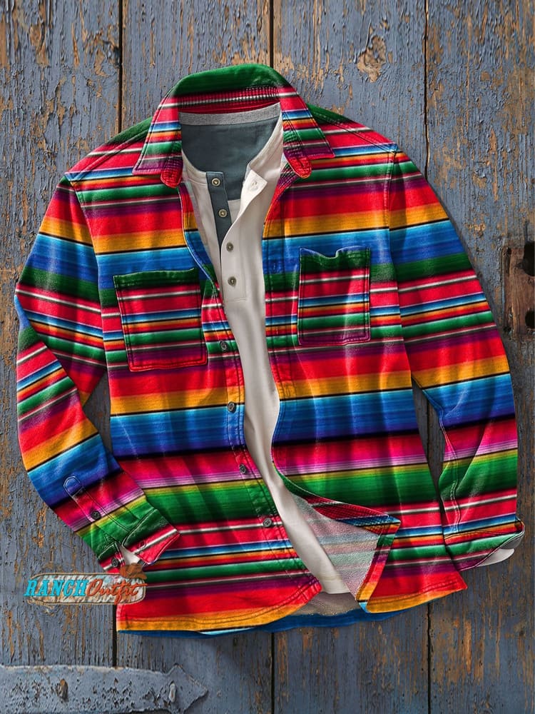Men’s West Stripe Art Print Casual Shirt As Picture / S