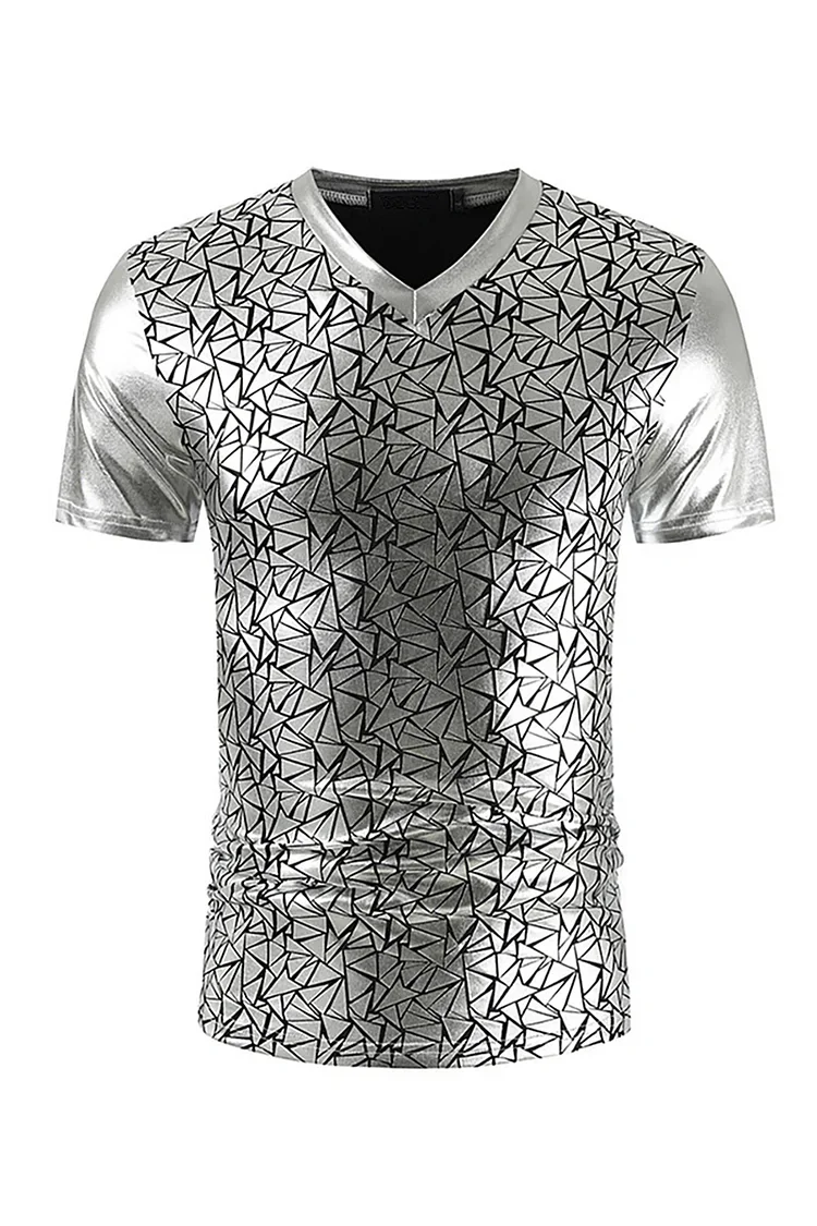 Men's Metallic Geometric Print V-Neck Short Sleeve Slim Casual Short Sleeve T-shirt