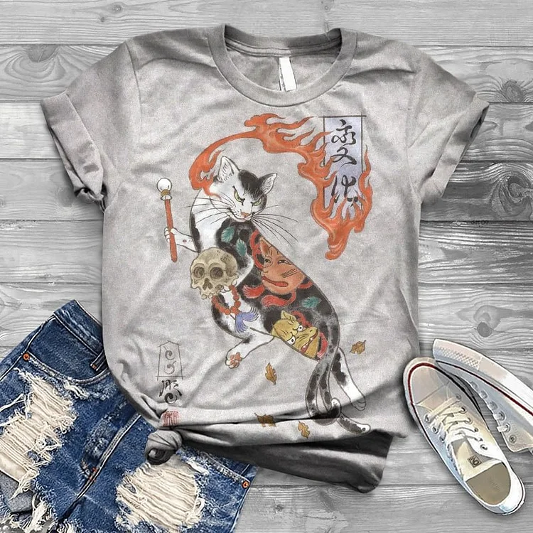 Comstylish Japanese Cat Demon Print Crew Neck Cozy Vintage T-Shirt