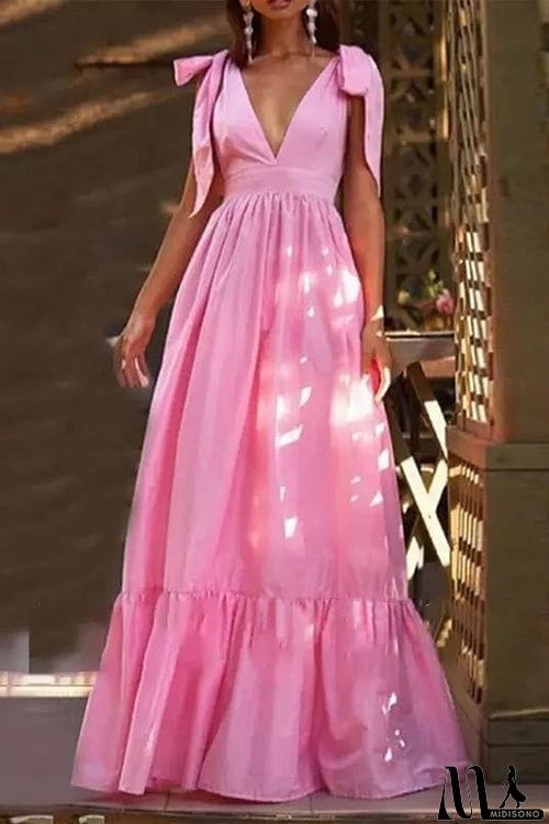 MidiSono - Tie Straps V Neck Tiered Ruffles Maxi Dress