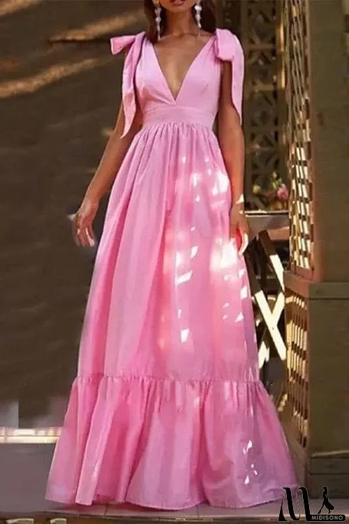 MidiSono - Tie Straps V Neck Tiered Ruffles Maxi Dress