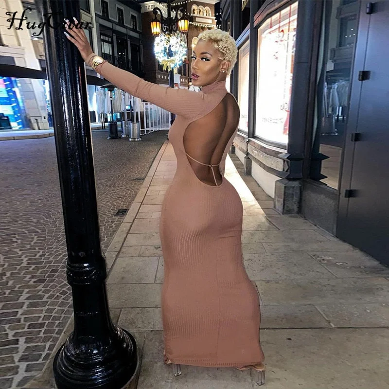 Hugcitar 2020 Long Sleeve Solid Backless Skinny  Ribbed Maxi Dress Autumn Winter Women Fashion Sexy Party Club Outfits