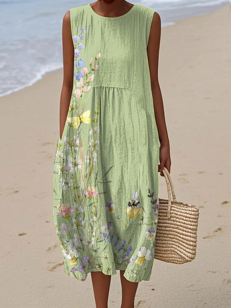 Women's Vintage Floral Art Print Sleeveless Cotton Pocket Wrap Dress