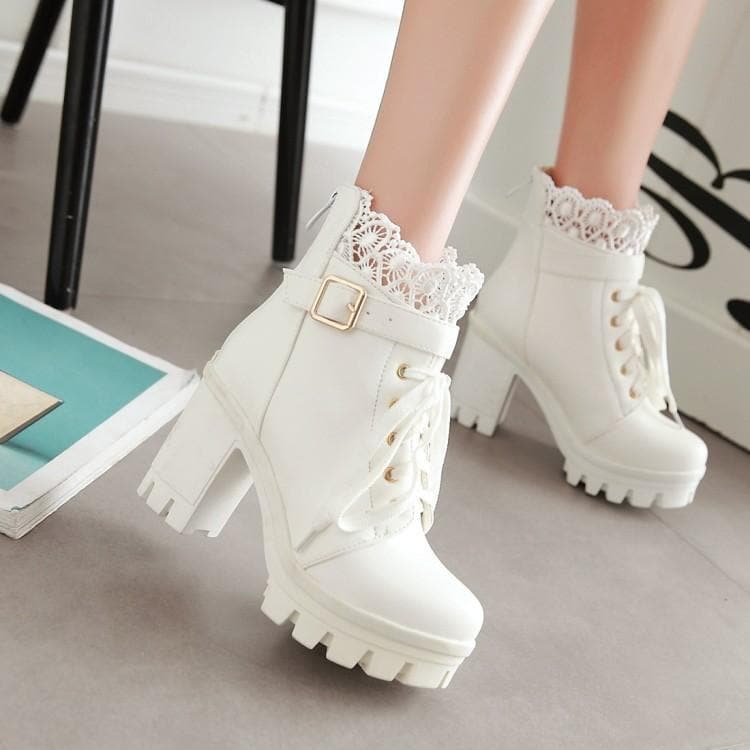 Final Stock! Black/White Lace Buckle High Heel Boots SP1710666