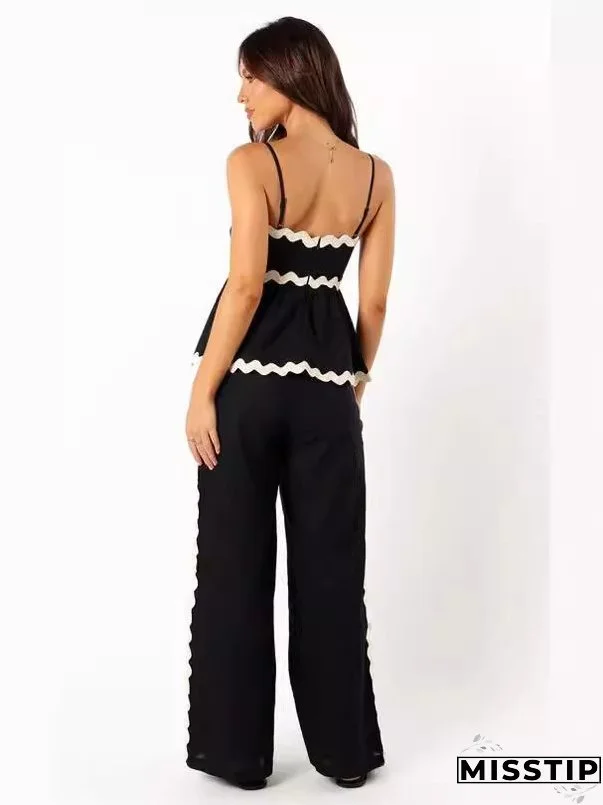 Women's Fashionable Lace Solid Color Strap Casual Women's Two Piece Pants Set