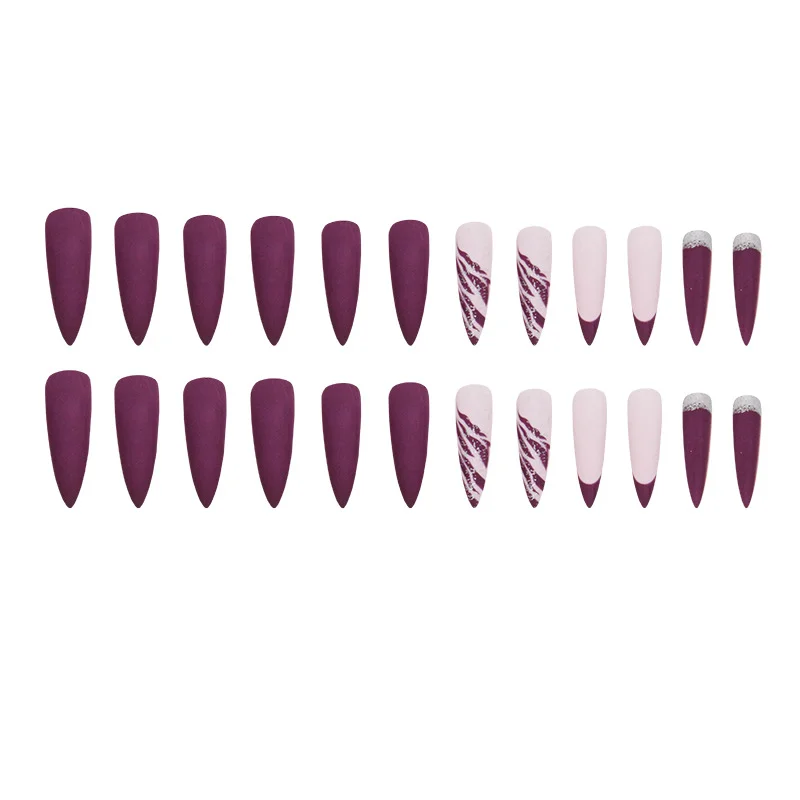Churchf Churchf Pointed Nail Purple Charm Tiger Skin Grain Flash Pink Nail Matte Matte Texture Wear Beautiful Nail Nail Piece