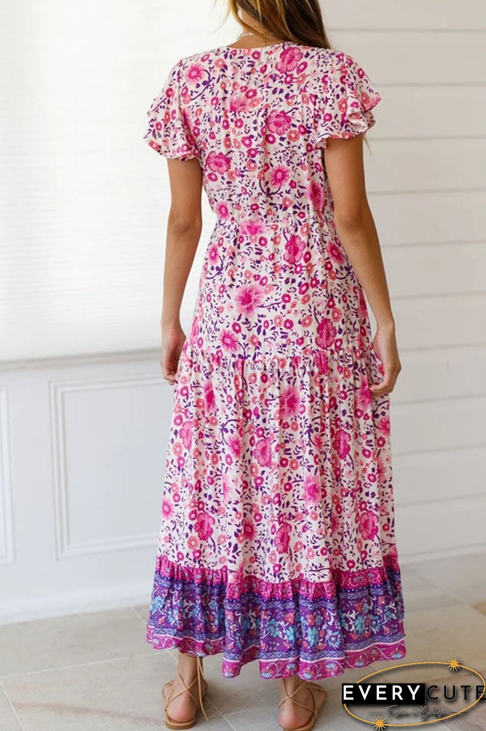 Fashion Street Print Split Joint V Neck Pleated Dresses