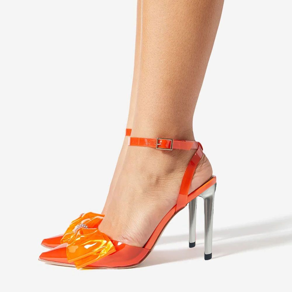 Orange PVC Ankle Strap Sandals Pointed Toe Bow Decor Stiletto Heels Nicepairs