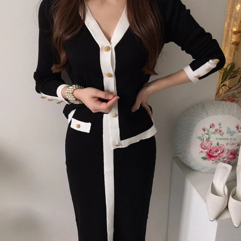 New 2021 Autumn Winter Korean Color Black Knitted Suit Women's V-Necked Cardigan Sweater + High Waist Midi Skirt Two Piece Set