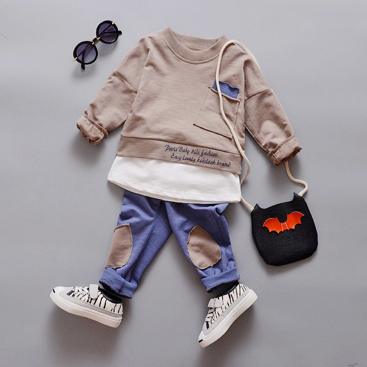 Childrens Clothes Girls Boys Sets  Fake Two-piece Long-sleeved Shirt Stitching Tops+Kids Trousers Cotton Casual 2pcs A33-Mayoulove