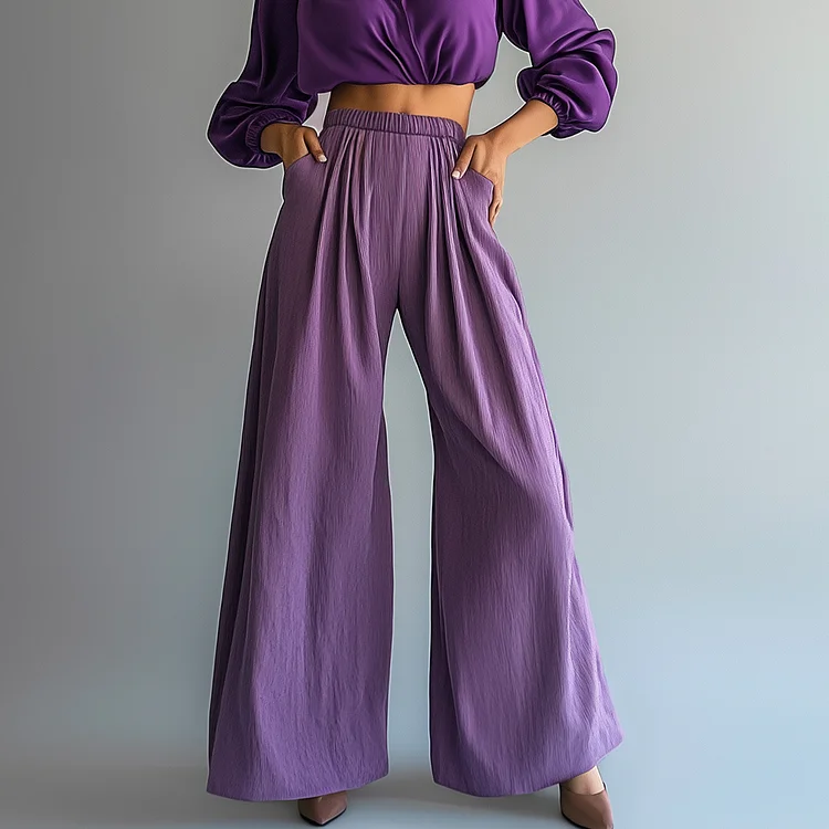 Ursime Linen Elastic Waist Pocket Wide Leg Pants