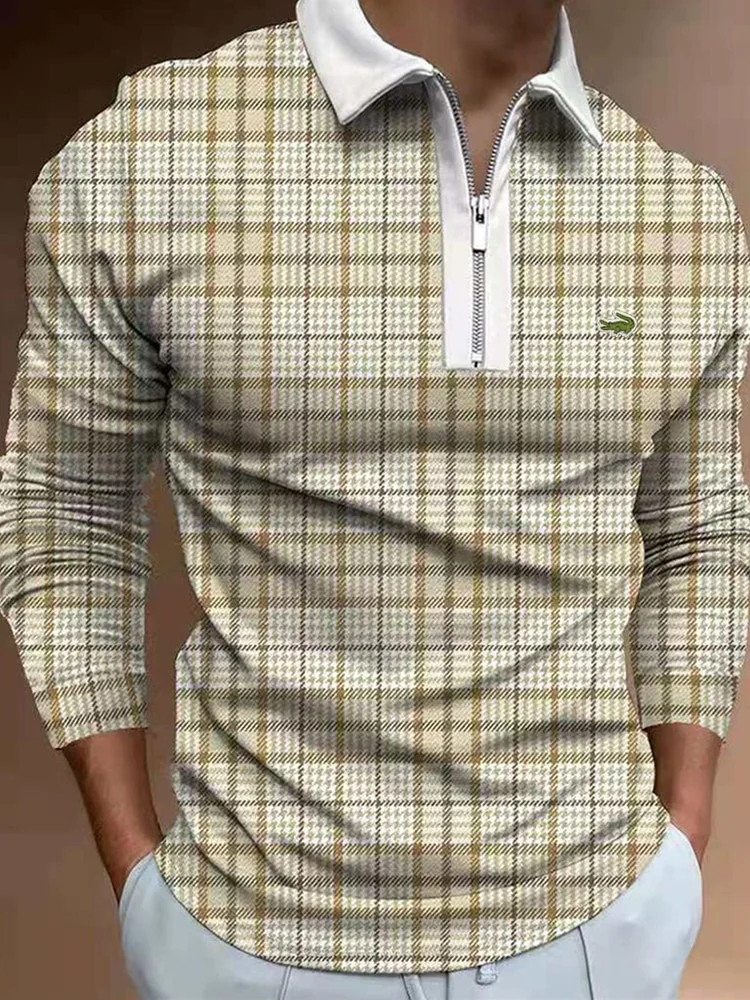 Men's Plaid Casual Long Sleeve Zipper Polo Shirts at Hiphopee