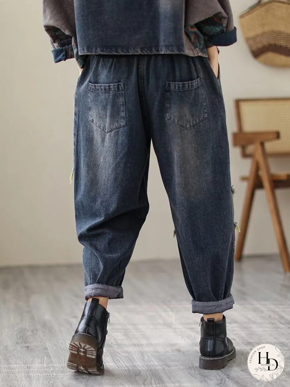 Contrast Color Fringed Split-Joint Long Sleeves Printed Outwear Harem Pants Two Pieces Set