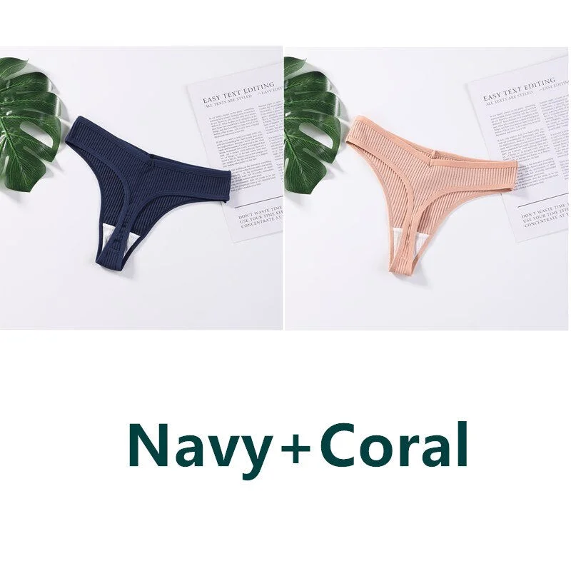2Pcs Sexy Thong Womens Cotton Panties Low Waist Thongs Striped Solid Underpants Comfortable G-String Intimate Lingerie