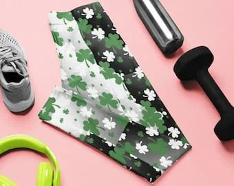 Pornhint Shamrock Leggings, St. Patrick Day Leggings, Shamrock Tights, Women's High Waisted Yoga Pants With Pockets, 2XS to 6XL