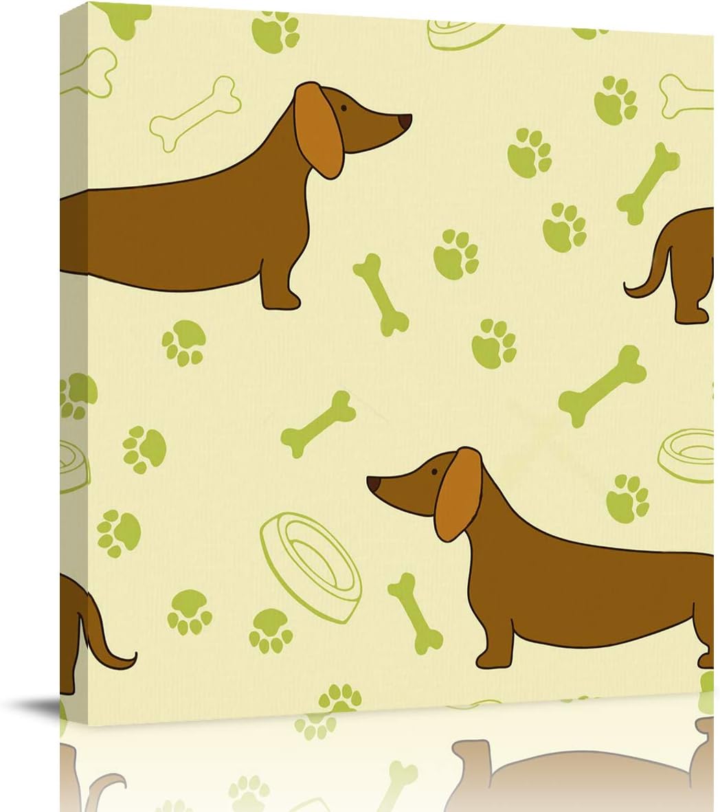 Womenfocus Wall Art 20x20in, Wall Decor Canvas Wall Art for Office Decor Living Room Decor Bathroom Decor, Cartoon Dachshund Footprints Dogs Bones Canvas Prints, Aesthetic Room Decor Framed Wall Art 20x20in