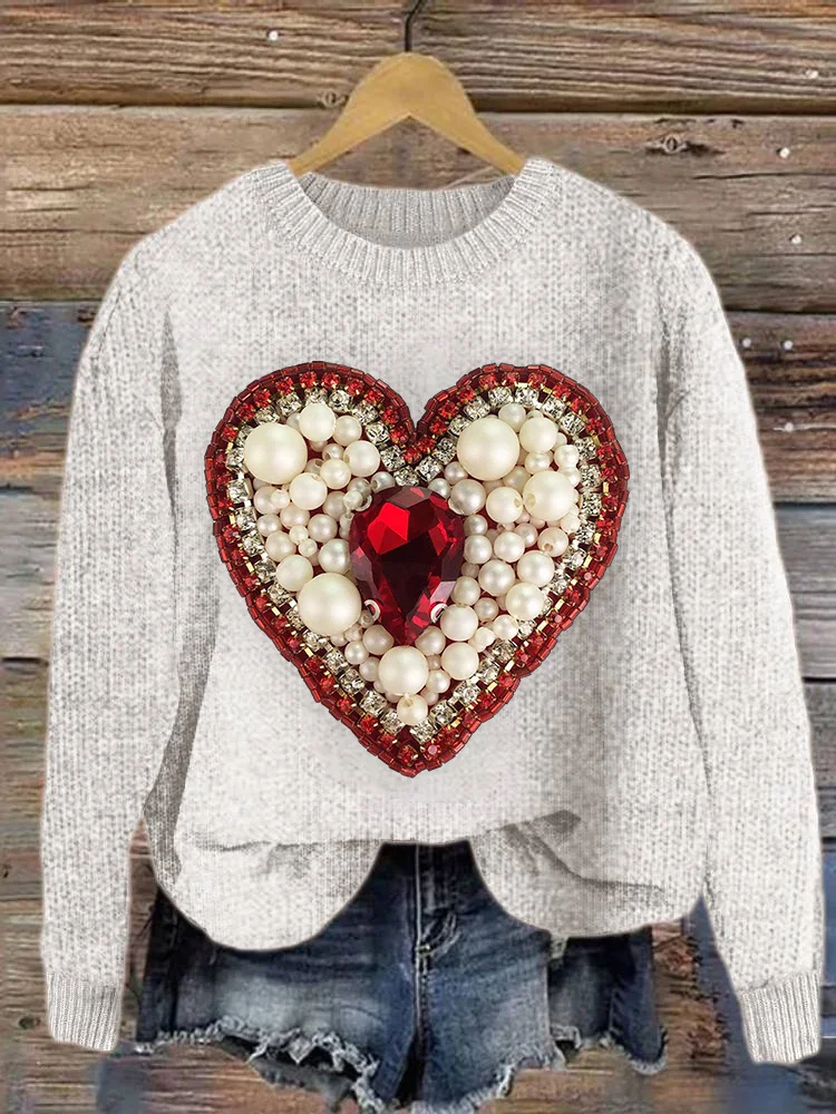 Jewel Embroidery Beaded Heart Valentine's Day Cozy Knit Sweater