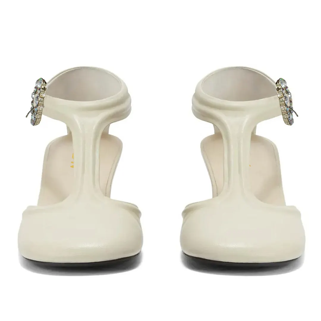 Ivory Vegan Leather Closed Toe T-Strap Low Heel Pumps for Women